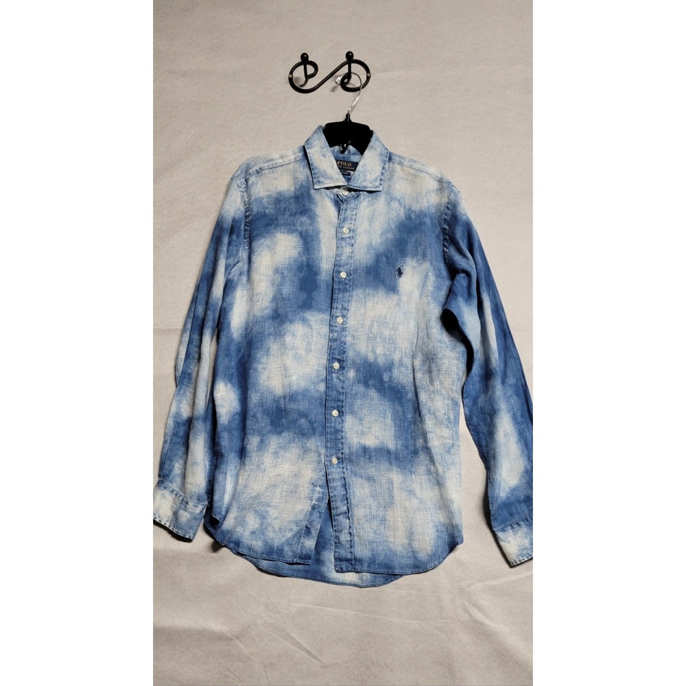 Blue White Tie Dye Ls Button Up Polo Ralph Lauren 100% Linen Men's Shirt Size M